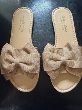 Simple Love Women’s Beige Bow Slide Sandals Size 36 US 5.5-6 Flat Slip On